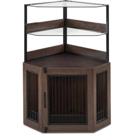 Small Corner Dog Crate Furniture with Glass Shelves, Wooden Dog Kennel Furniture with Door, Pet Crate Indoor Use, CN17 (Brown)