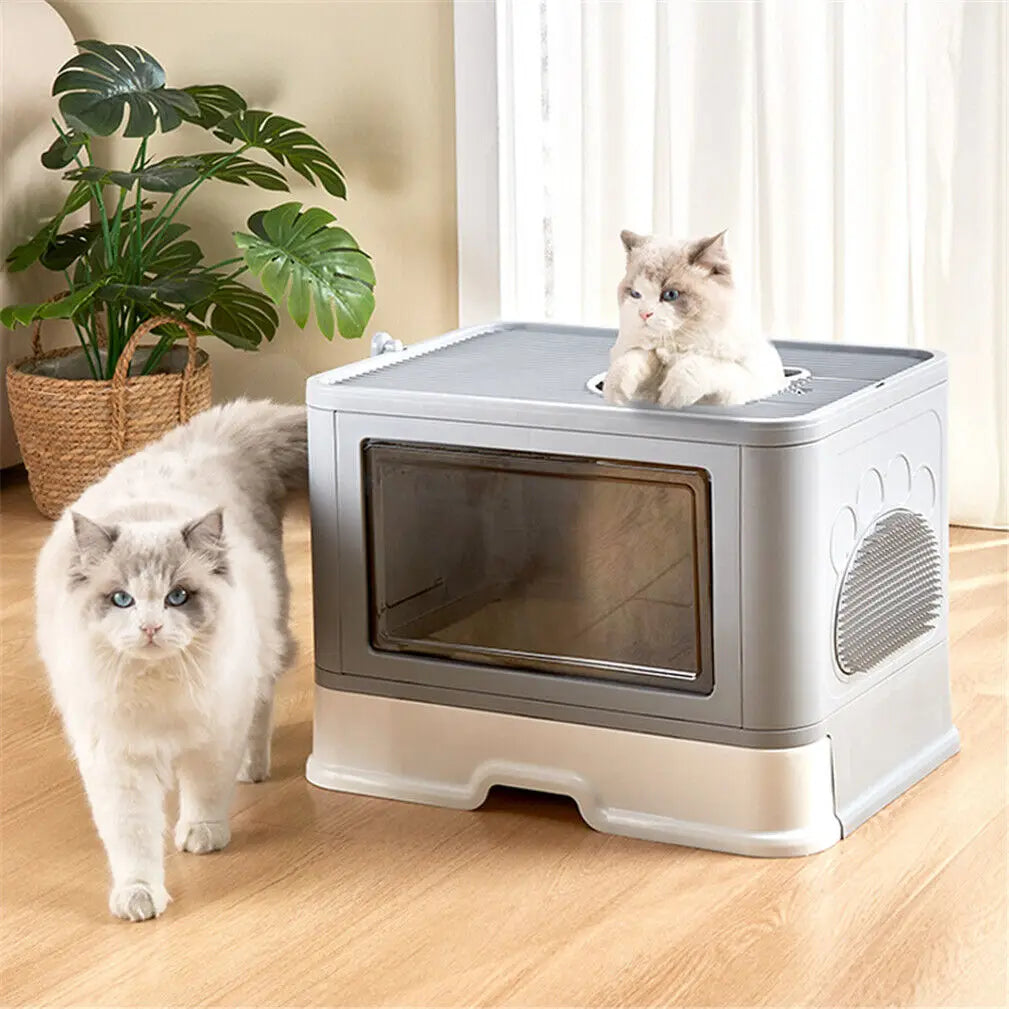 Foldable Cat Litter Box With Massager Scoop Front Entry Design