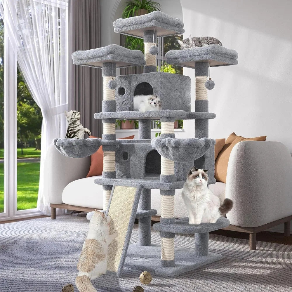 WEEWAY 68 Inches Multi-Level Large Cat Tree for Feline/Big Tower/Condo/Cozy Plush Kitty Perches/Fluffy Balls/Sisal Scratching P