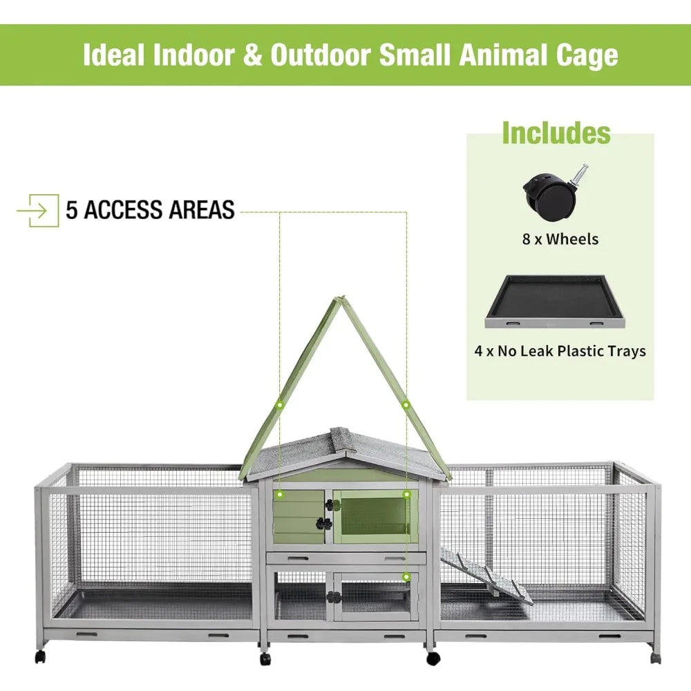 Rabbit Hutch Bunny Cage Indoor & Outdoor Rabbit Cage on Wheels, Large Guinea Pig Cage with 4 Deep No Leakage Pull Out Trays - 93