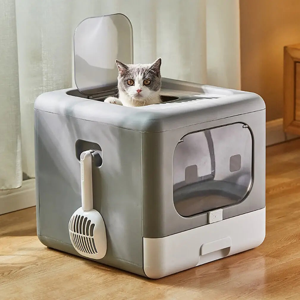Enclosed Cat Litter Box with Scoop and Foldable Design