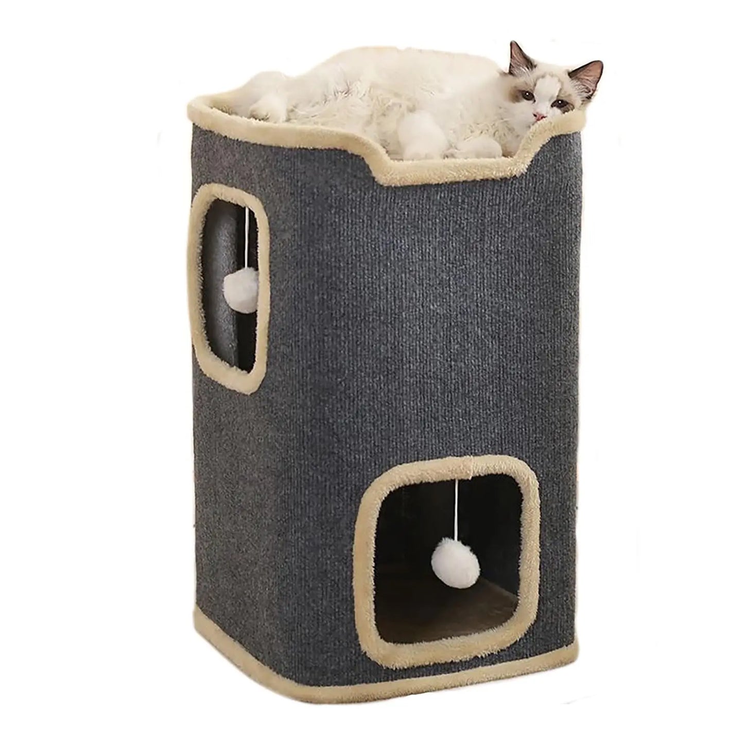2 Layer Cat House with Toy Soft Indoor Cat Cave for Playtime