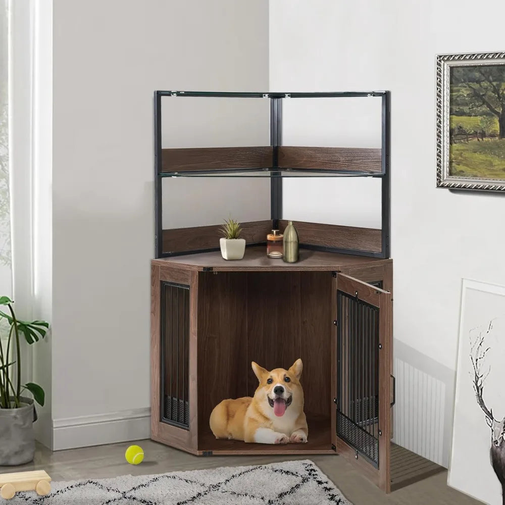 Small Corner Dog Crate Furniture with Glass Shelves, Wooden Dog Kennel Furniture with Door, Pet Crate Indoor Use, CN17 (Brown)