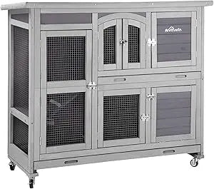 47" Two Story Rabbit Hutch Bunny Cage with Wheels, Indoor Outdoor Guinea Pig Cage with 2 Deep No Leak Tray