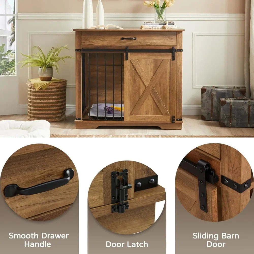 Furniture Style Dog Crates with Drawer, Farmhouse Wooden Dog Kennel Furniture with Sliding Barn Door & Water Resistant for