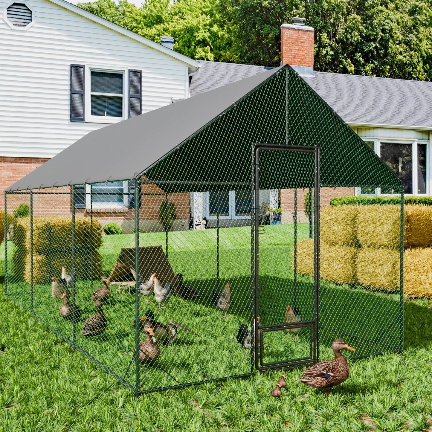 Heavy Duty Metal Chicken Coop with Cover and Nylon Netting
