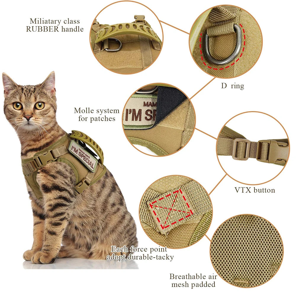 Tactical Cat Harness Leash Set With Handle And 9 Patches