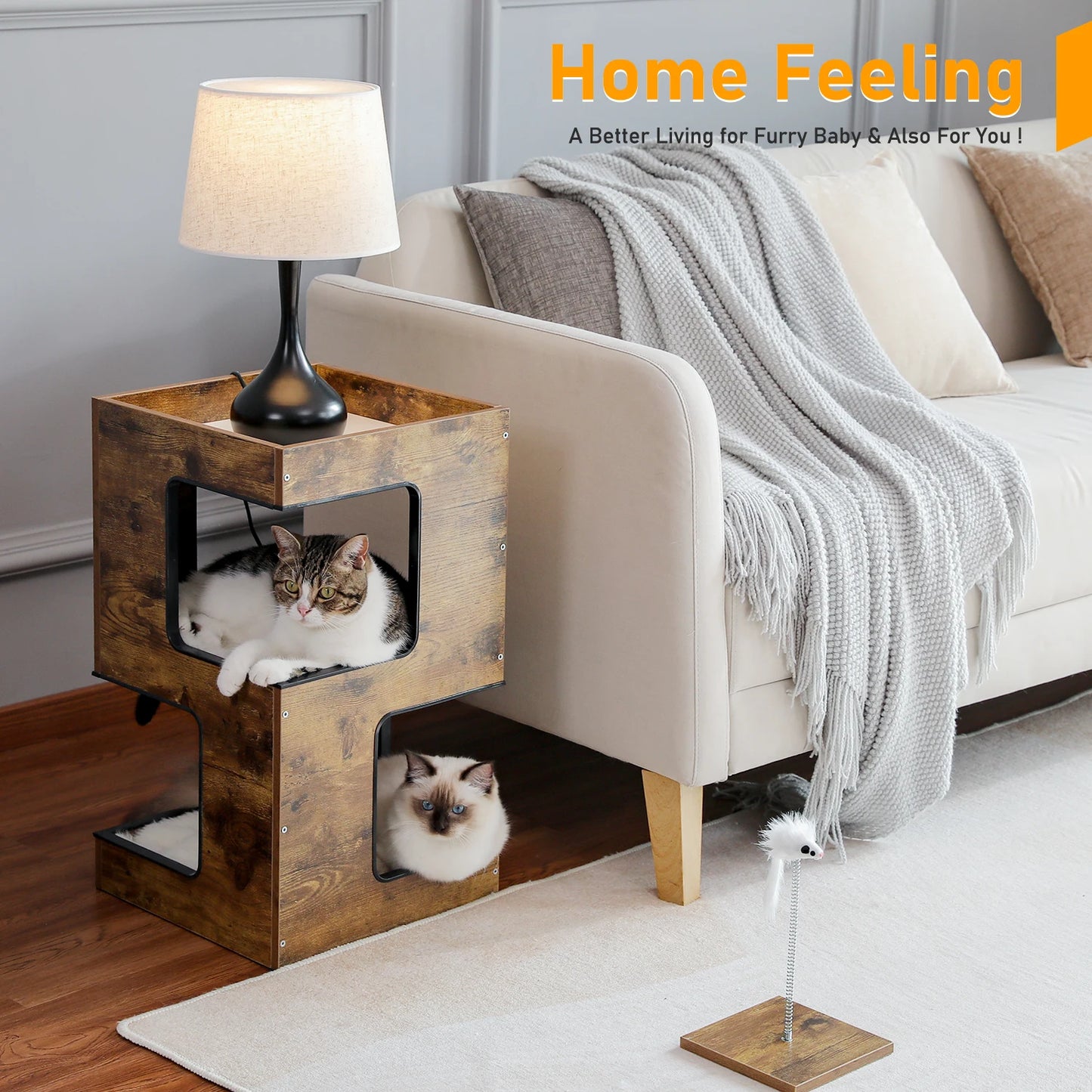Wood Cat Condo House Bed With Soft Mats And Scratching Pad