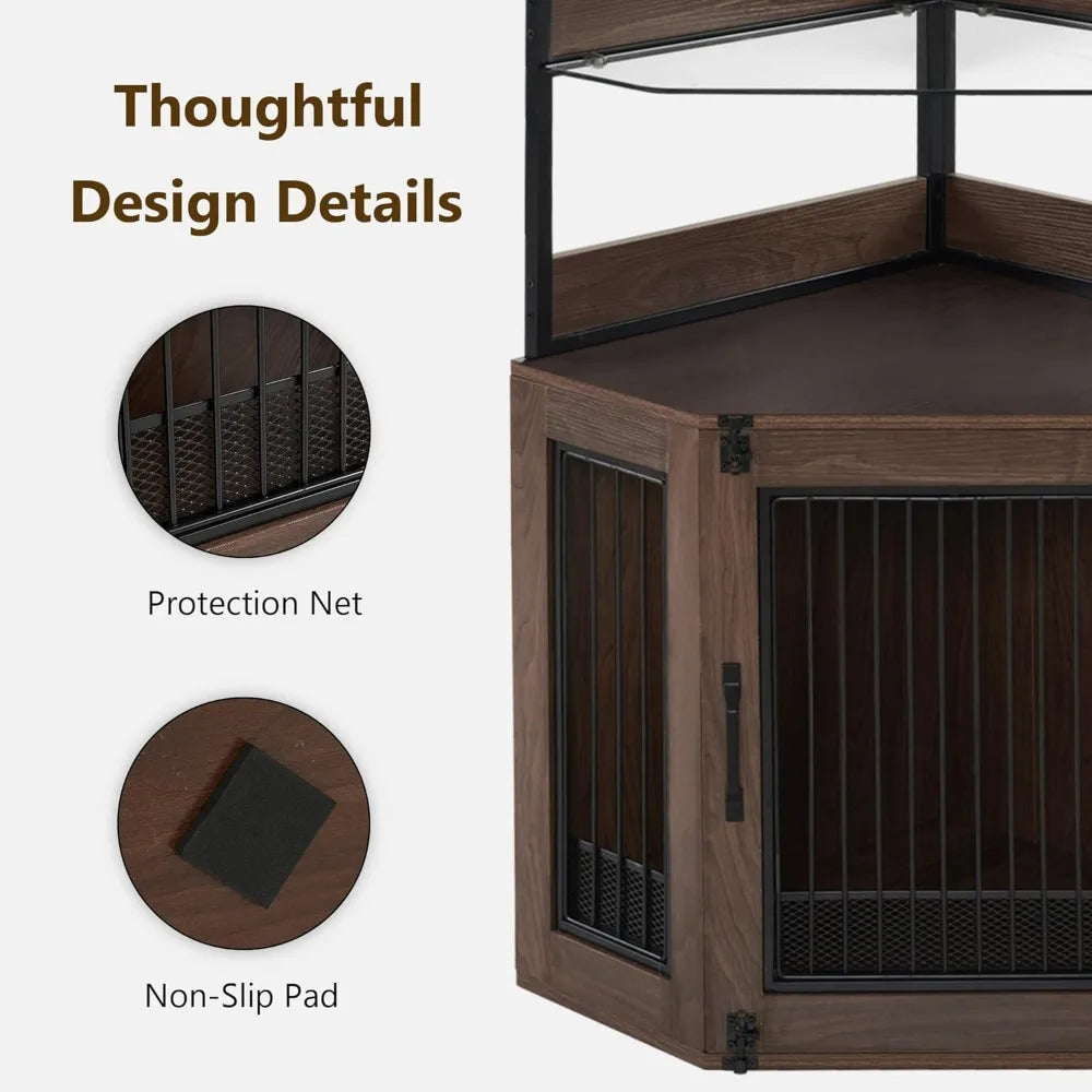 Small Corner Dog Crate Furniture with Glass Shelves, Wooden Dog Kennel Furniture with Door, Pet Crate Indoor Use, CN17 (Brown)