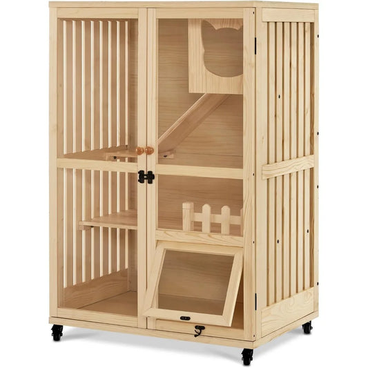 Wooden Cat Houses for Indoor Cats, Luxury Kitten House with Scratching Pad, Lockable Doors, Wheels, CT090