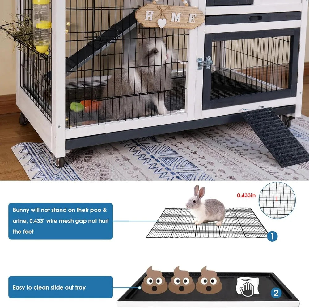 Rabbit Hutch Indoor Bunny Cage Outdoor with Urine Guards 2 Storey Mobile Guinea Pig Cage Wire Bottom 2 Trays