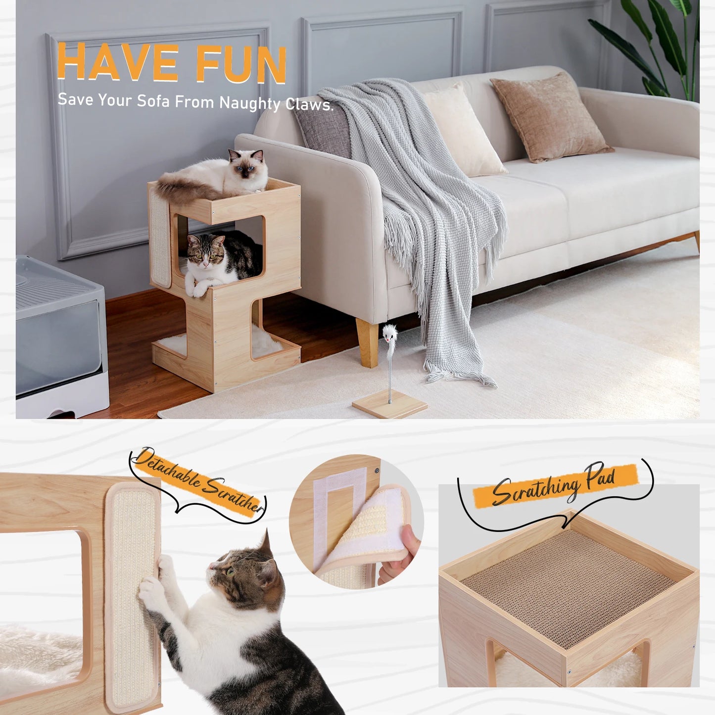 Wood Cat Condo House Bed With Soft Mats And Scratching Pad