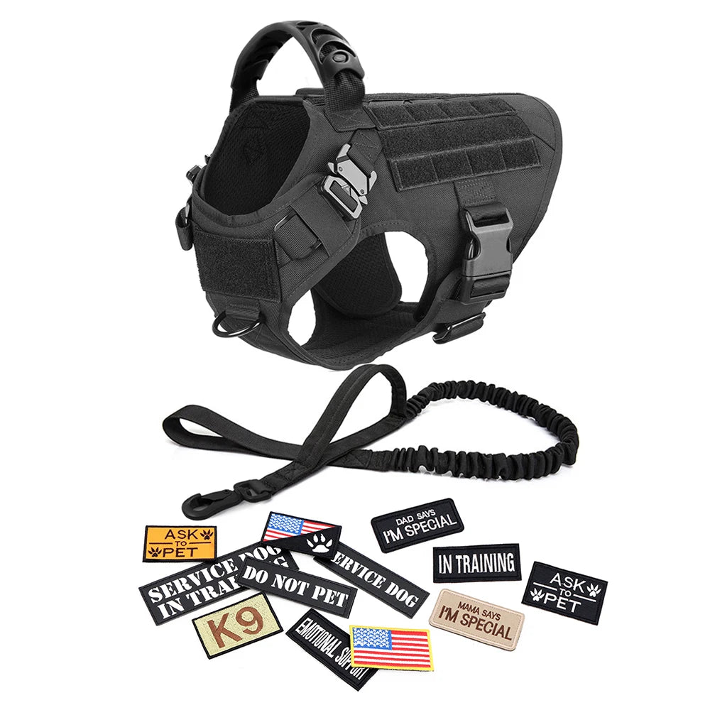 Military Tactical Dog Harness Vest With Leash Patches Set For Malinois