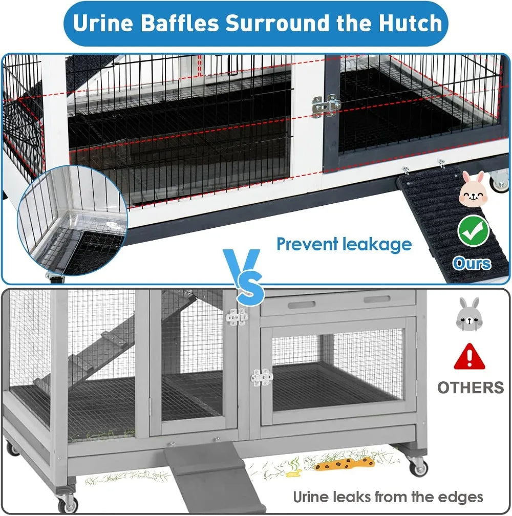 Rabbit Hutch Indoor Bunny Cage Outdoor with Urine Guards 2 Storey Mobile Guinea Pig Cage Wire Bottom 2 Trays