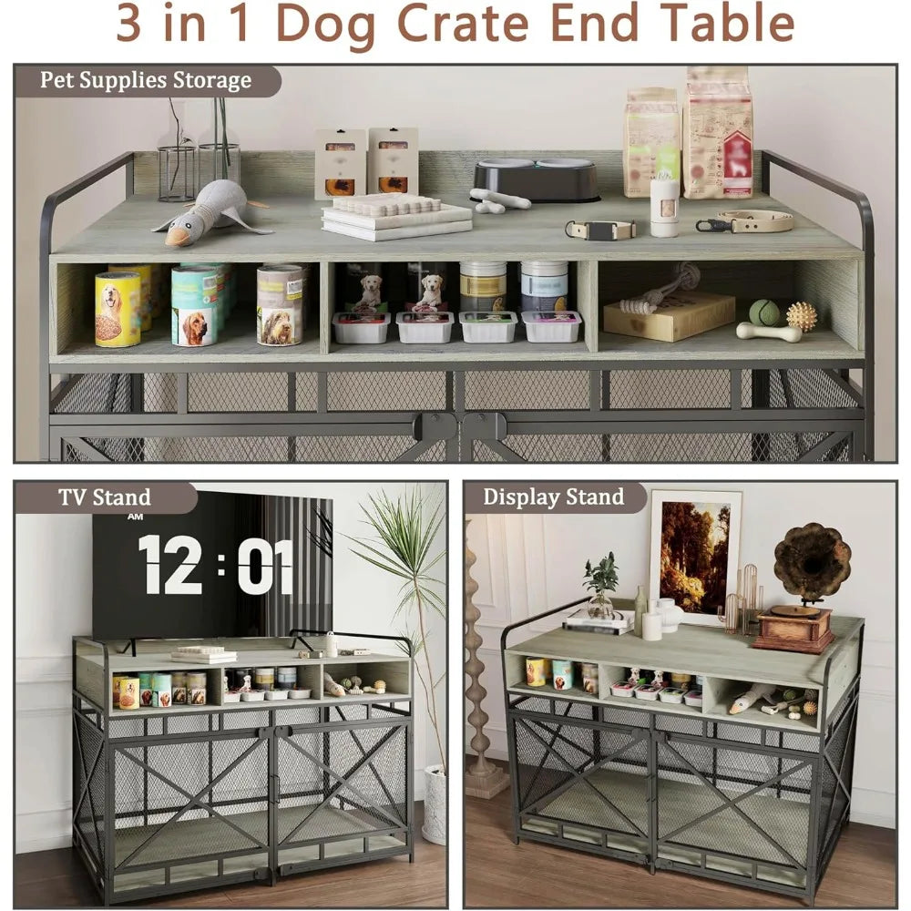 Wooden Dog Crate End Table,48 Inch Dog Kennel with Drawers,Heavy Duty Dog Cage,Decorative Pet Crate