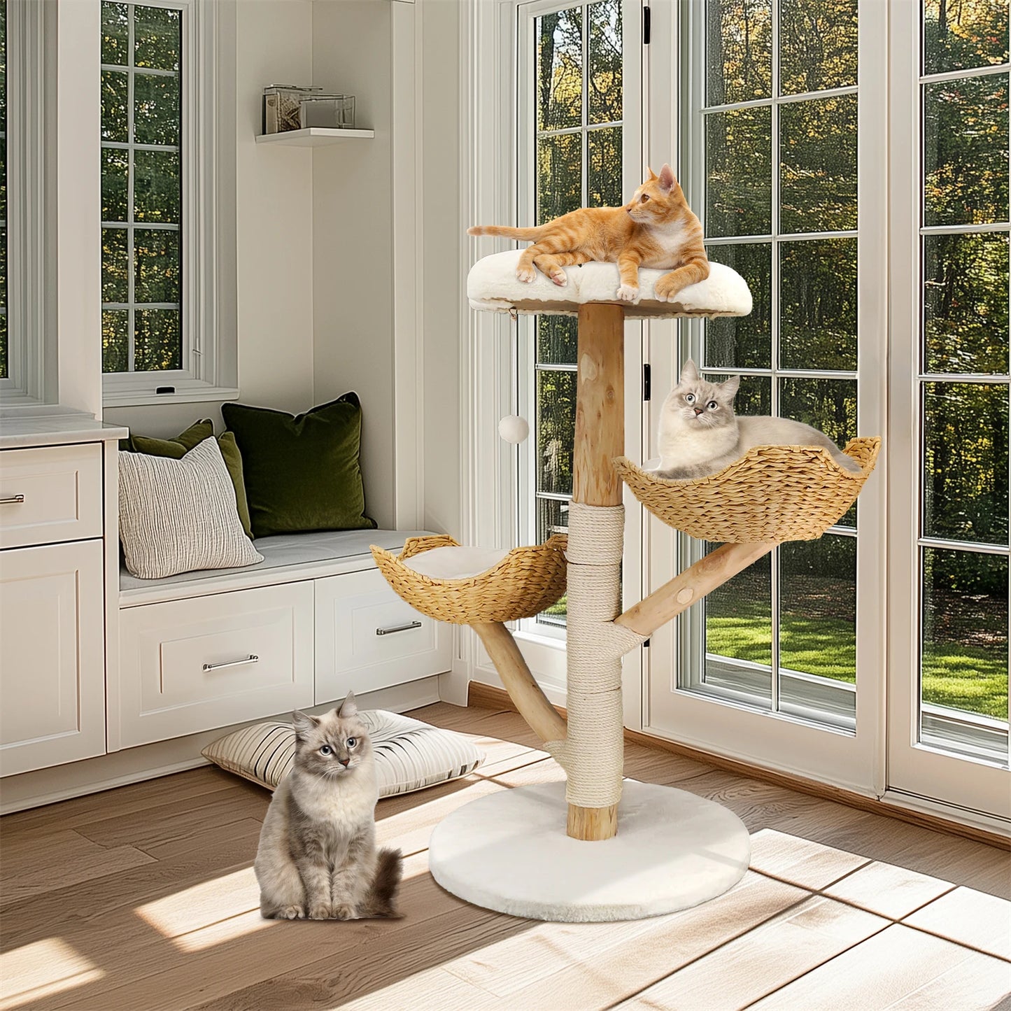 Modern Cat Tree Activity Tower with Plush Cushion and Toy Ball