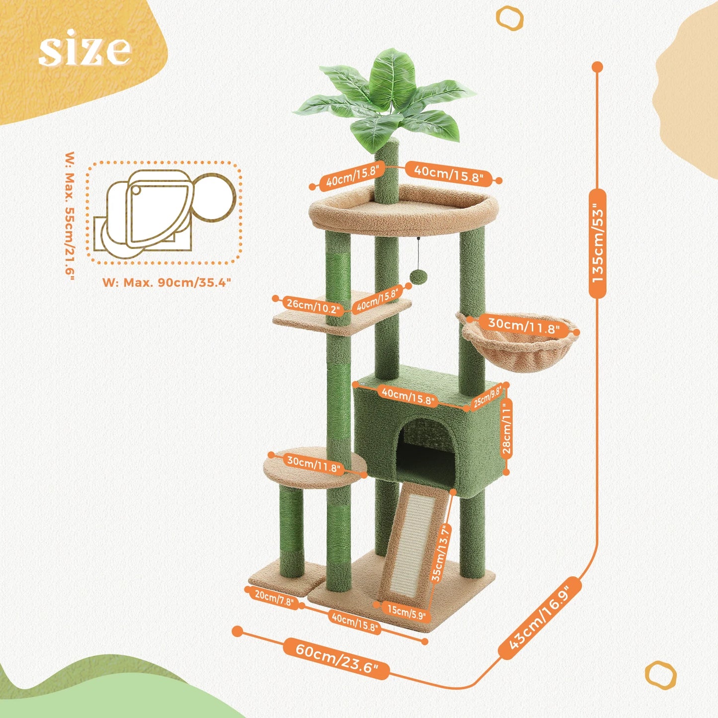 Multi-Level Cat Tree for Indoor Cactus Cat Tower with Sisal Scratching Posts Large Condo Deep Hammock Cat Accessories Cat toys