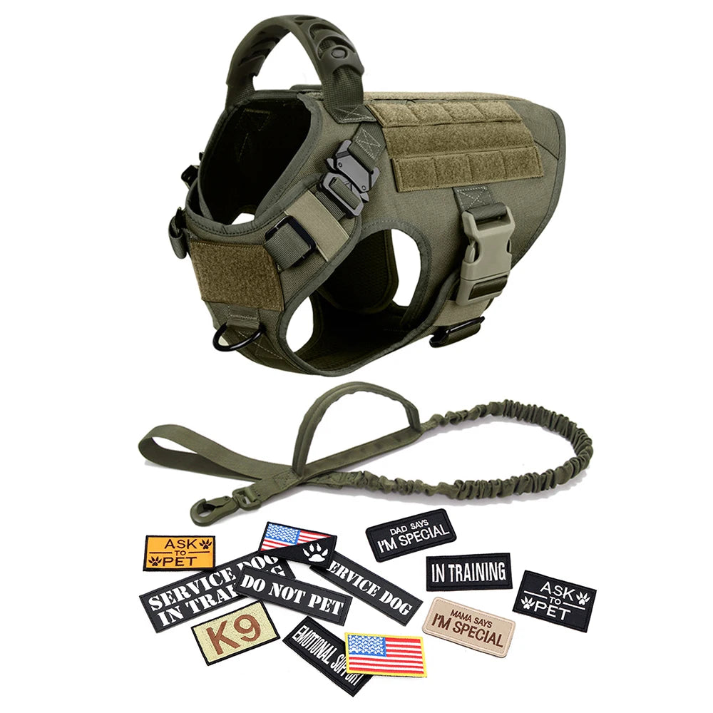 Military Tactical Dog Harness Vest With Leash Patches Set For Malinois