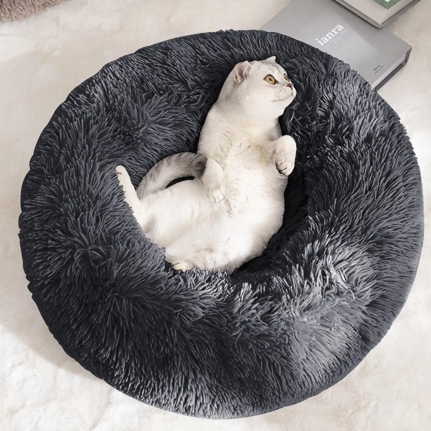 Calming Donut Dog Bed Cozy Plush Self Warming for Home Travel