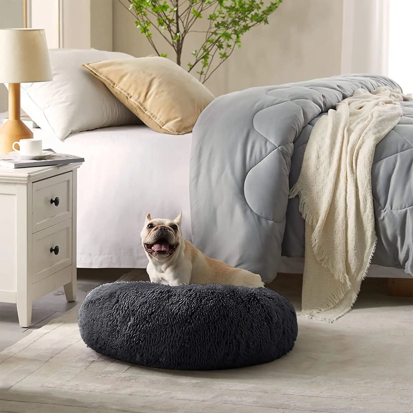 Calming Donut Dog Bed Cozy Plush Self Warming for Home Travel
