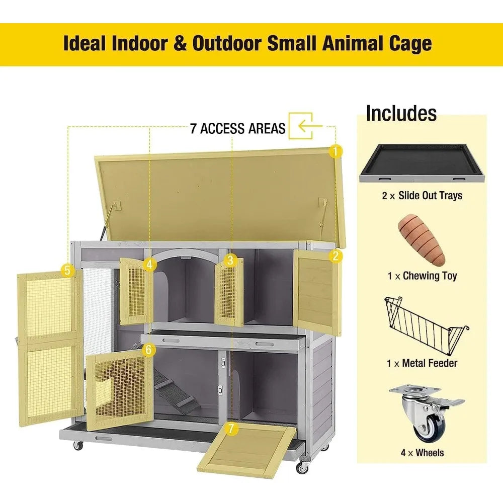 47" Two Story Rabbit Hutch Bunny Cage with Wheels, Indoor Outdoor Guinea Pig Cage with 2 Deep No Leak Tray