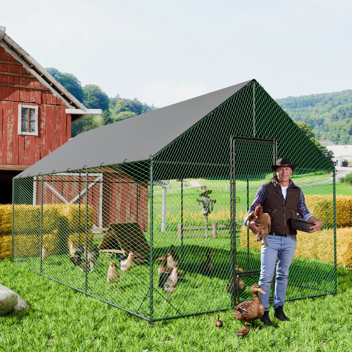 Heavy Duty Metal Chicken Coop with Cover and Nylon Netting