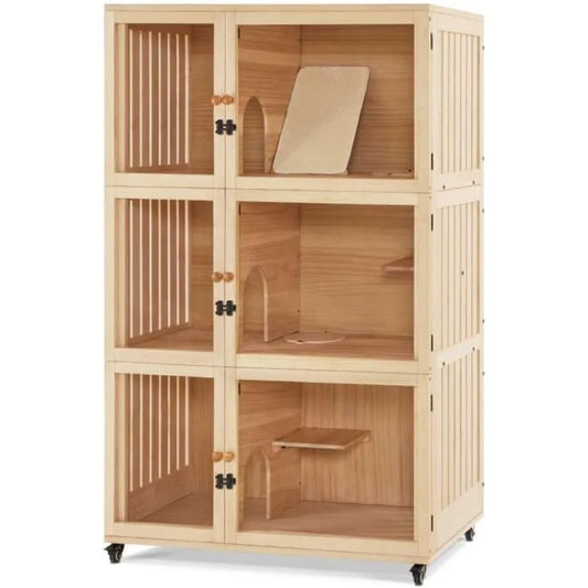 Large Wooden Cat House Villa, Luxury Triple Cat Condo with Scratching Pad, Openable Cover and Wheels, Kitten Cage Indoor CT32