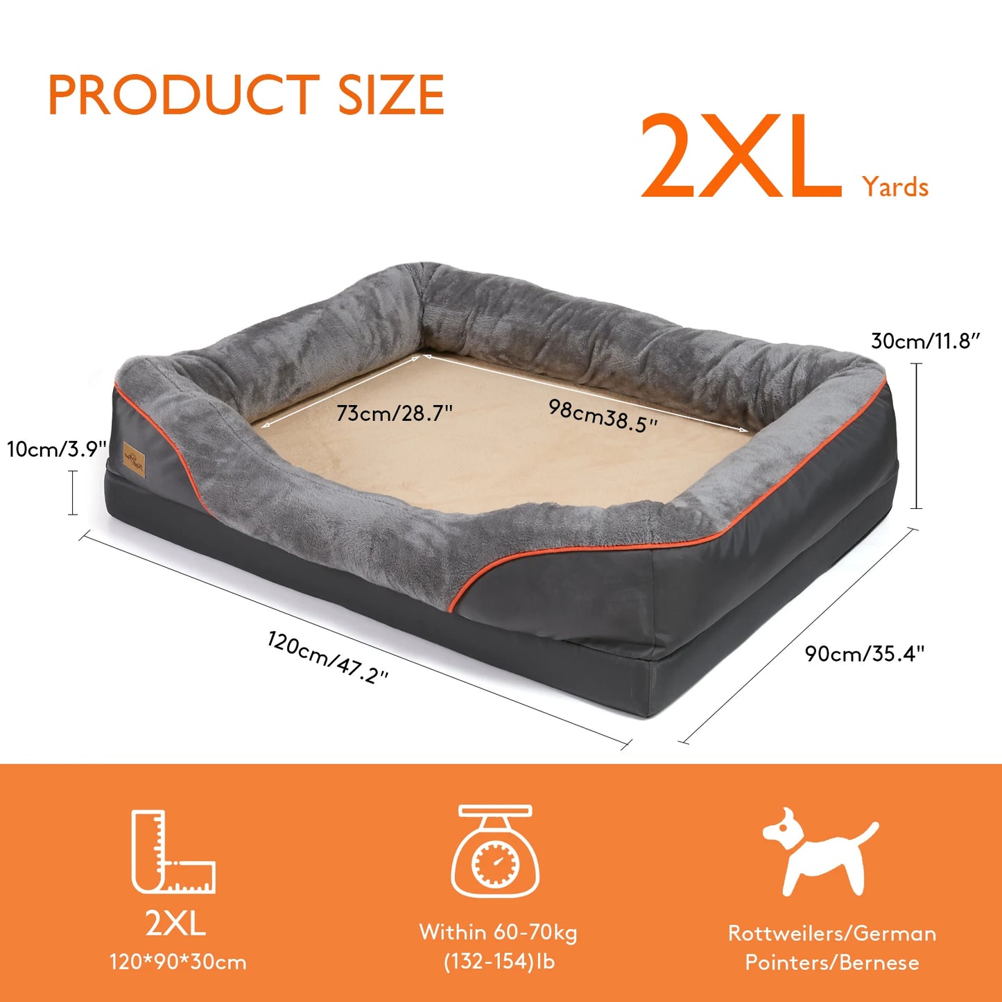 L XL 2XL 3XL Orthopedic Foam Dog Bed With Cotton Bolster And Removable Cover