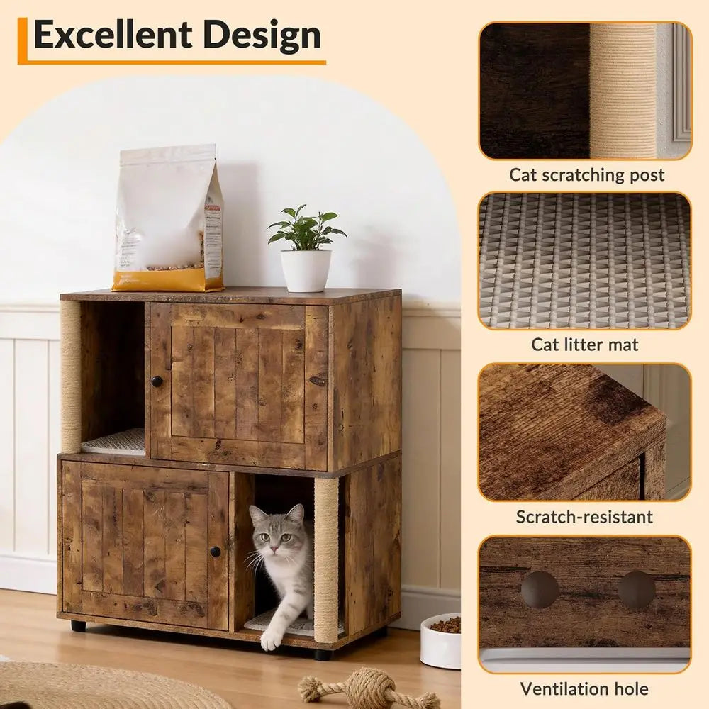 Dual Compartment Cat Litter Cabinet Odor Controlled