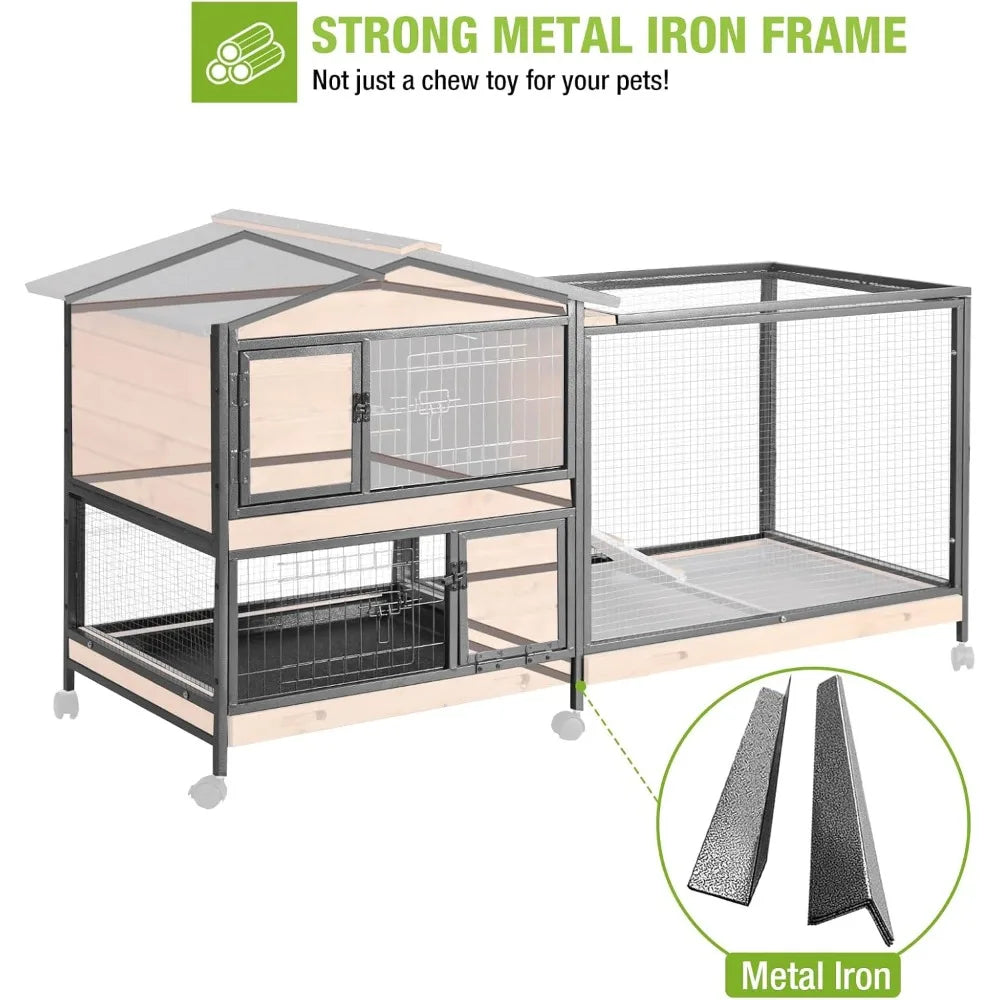 Rabbit Hutch with Chew-Resistant Metal Frame Indoor Bunny Cage Outdoor Rabbit Cage with Wheels and Leakproof Tray