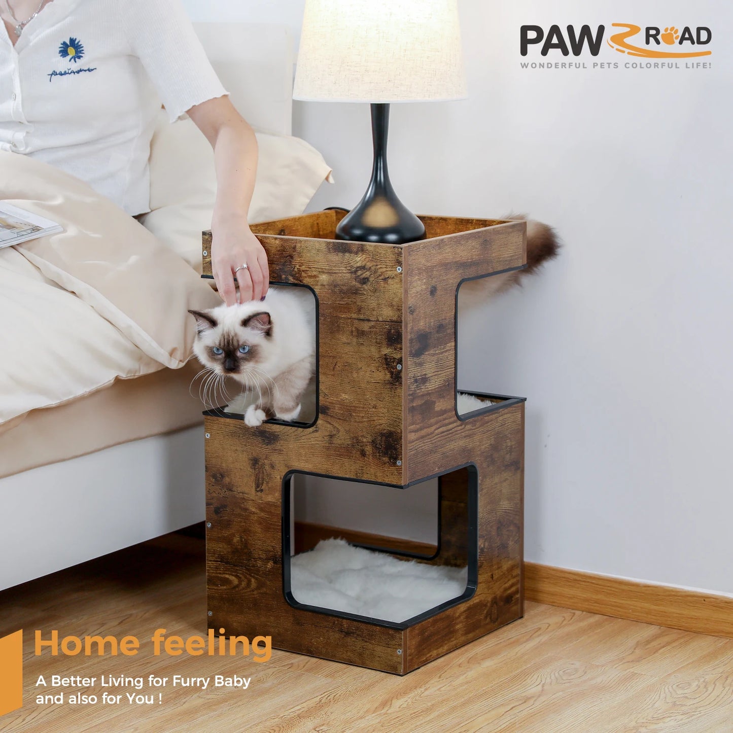 Wood Cat Condo House Bed With Soft Mats And Scratching Pad