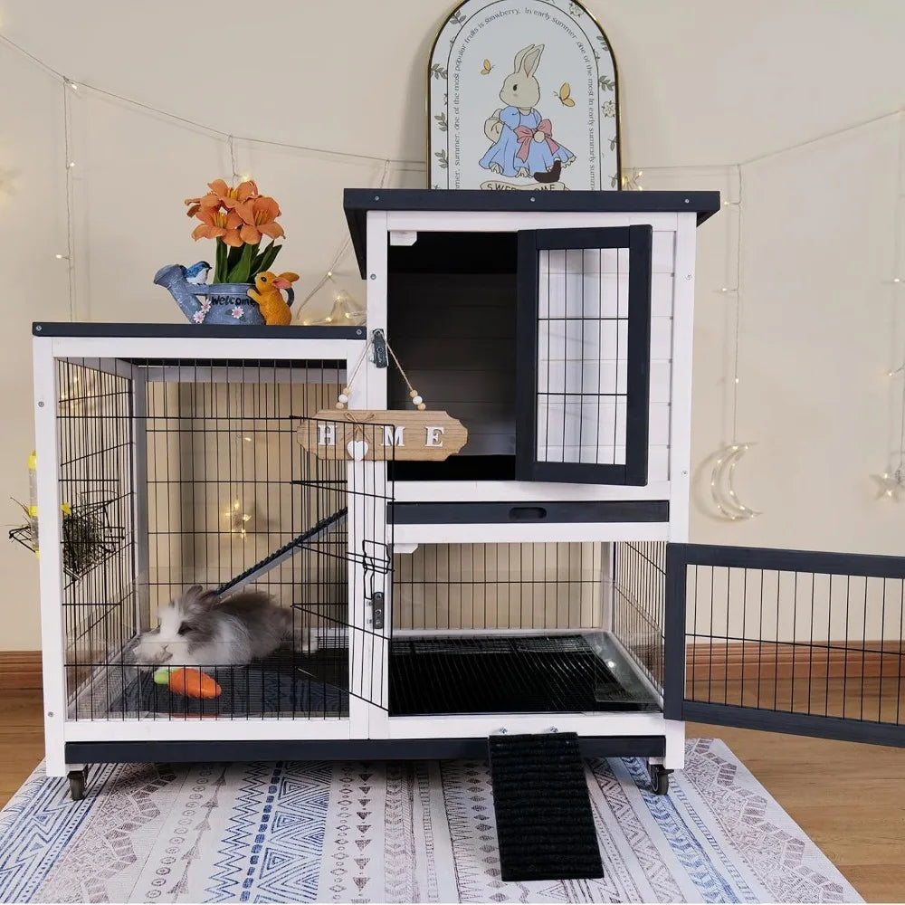 Rabbit Hutch Indoor Bunny Cage Outdoor with Urine Guards 2 Storey Mobile Guinea Pig Cage Wire Bottom 2 Trays
