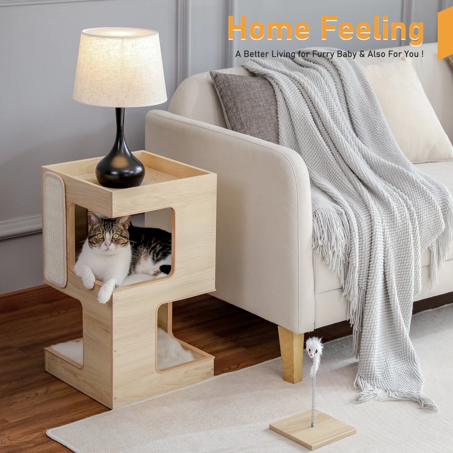 Wood Cat Condo House Bed With Soft Mats And Scratching Pad