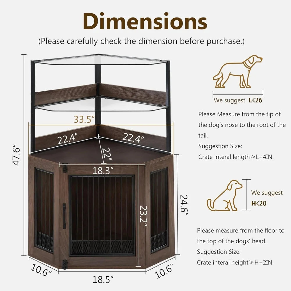Small Corner Dog Crate Furniture with Glass Shelves, Wooden Dog Kennel Furniture with Door, Pet Crate Indoor Use, CN17 (Brown)