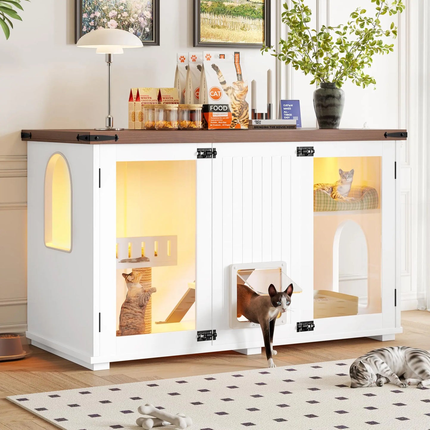 47.25 Inch Cat House Litter Box Enclosure With LED Light Scratch Pad And Stairs