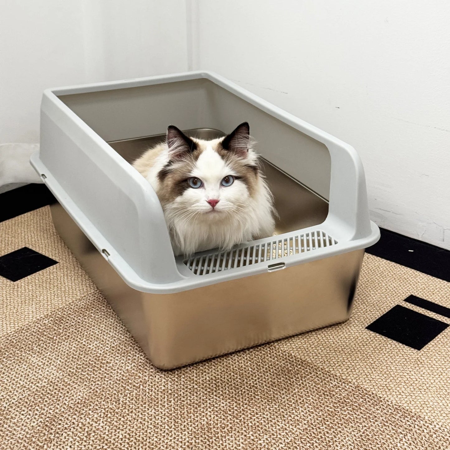 Large Stainless Steel Cat Litter Box High Sided With Spoon