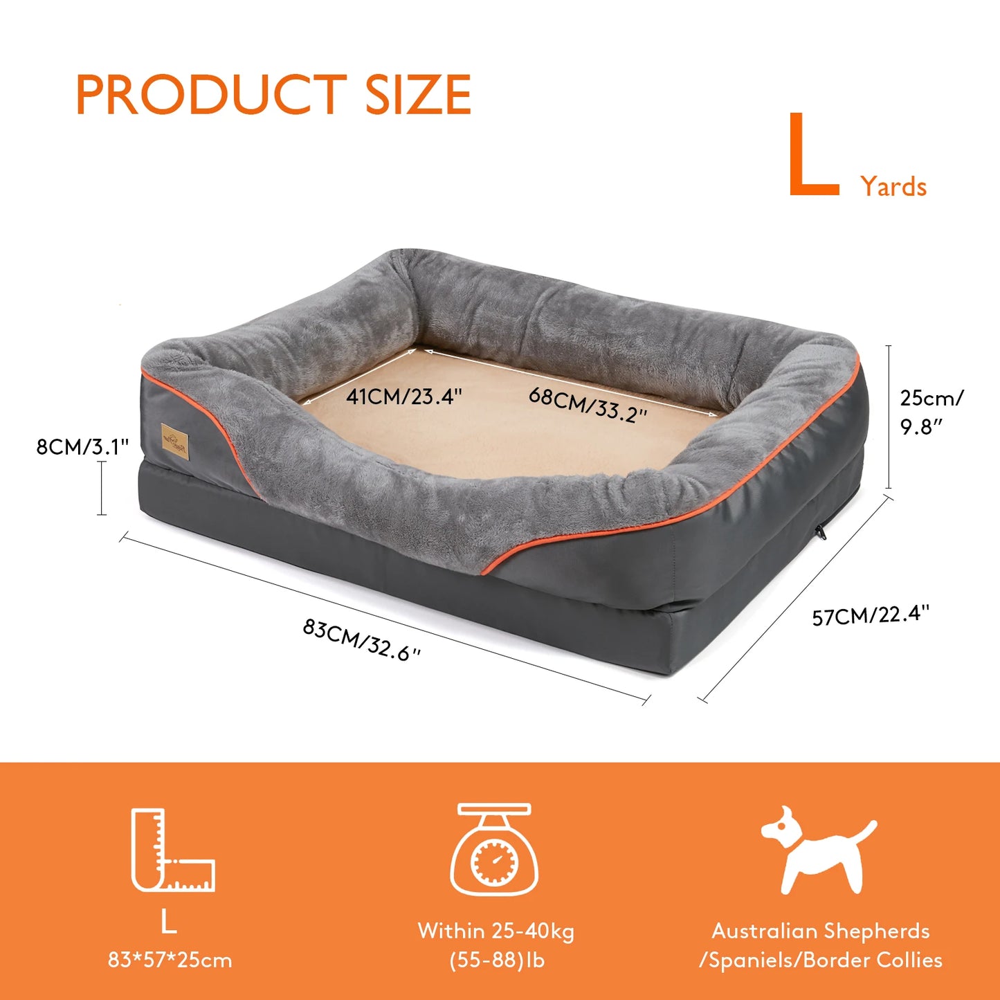 L XL 2XL 3XL Orthopedic Foam Dog Bed With Cotton Bolster And Removable Cover