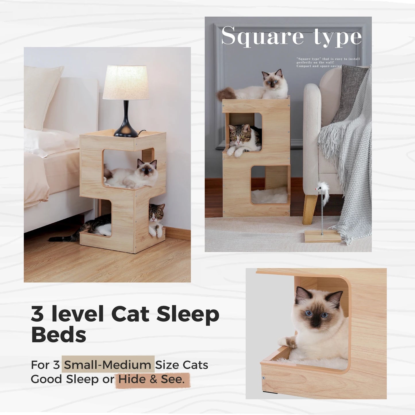Wood Cat Condo House Bed With Soft Mats And Scratching Pad