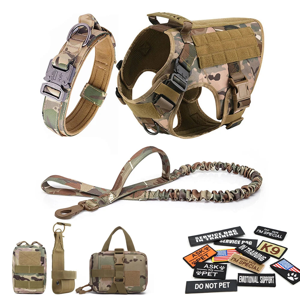 Military Tactical Dog Harness Vest With Leash Patches Set For Malinois