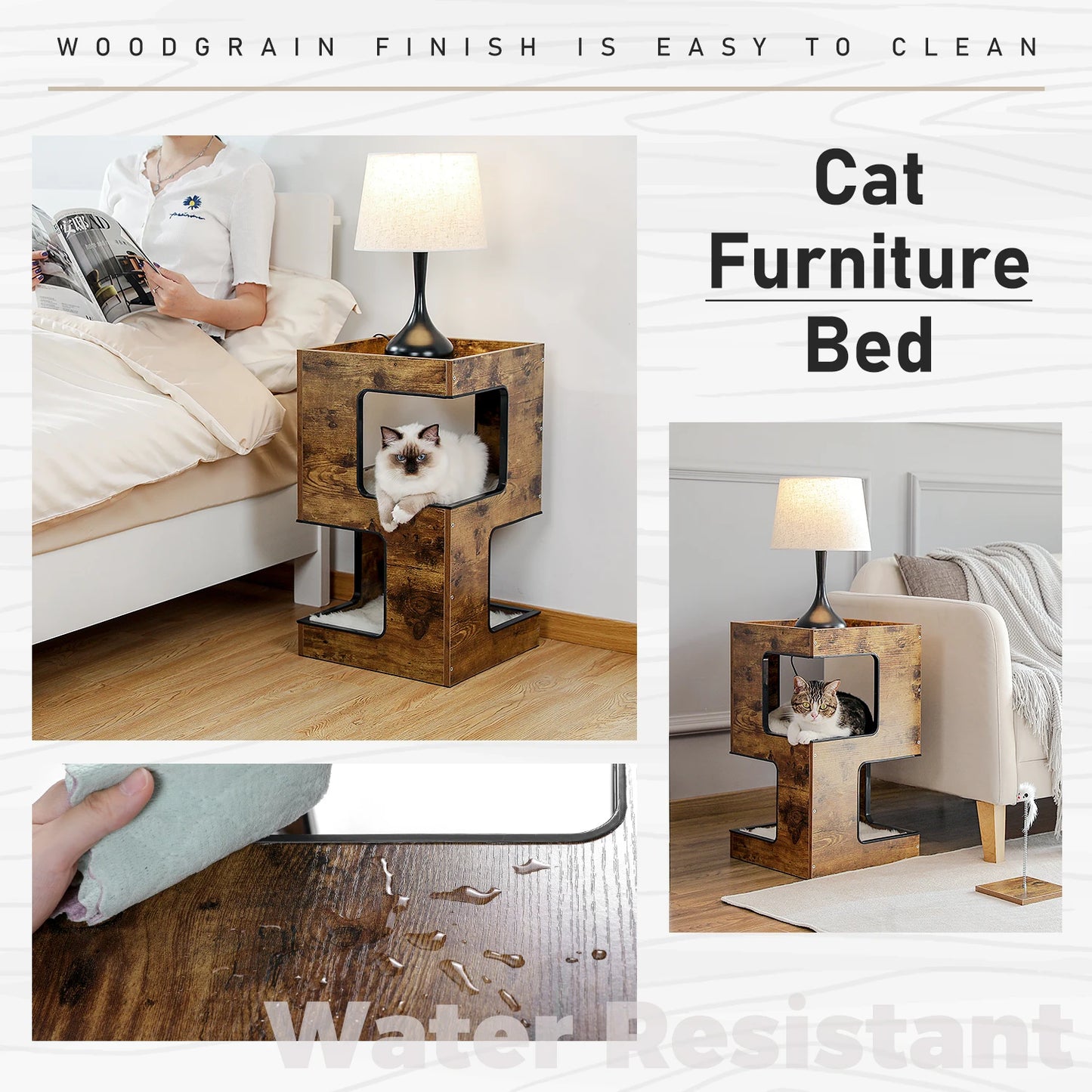 Wood Cat Condo House Bed With Soft Mats And Scratching Pad
