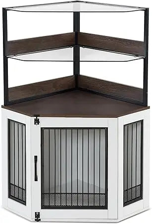 Small Corner Dog Crate Furniture with Glass Shelves, Wooden Dog Kennel Furniture with Door, Pet Crate Indoor Use, CN17 (Brown)