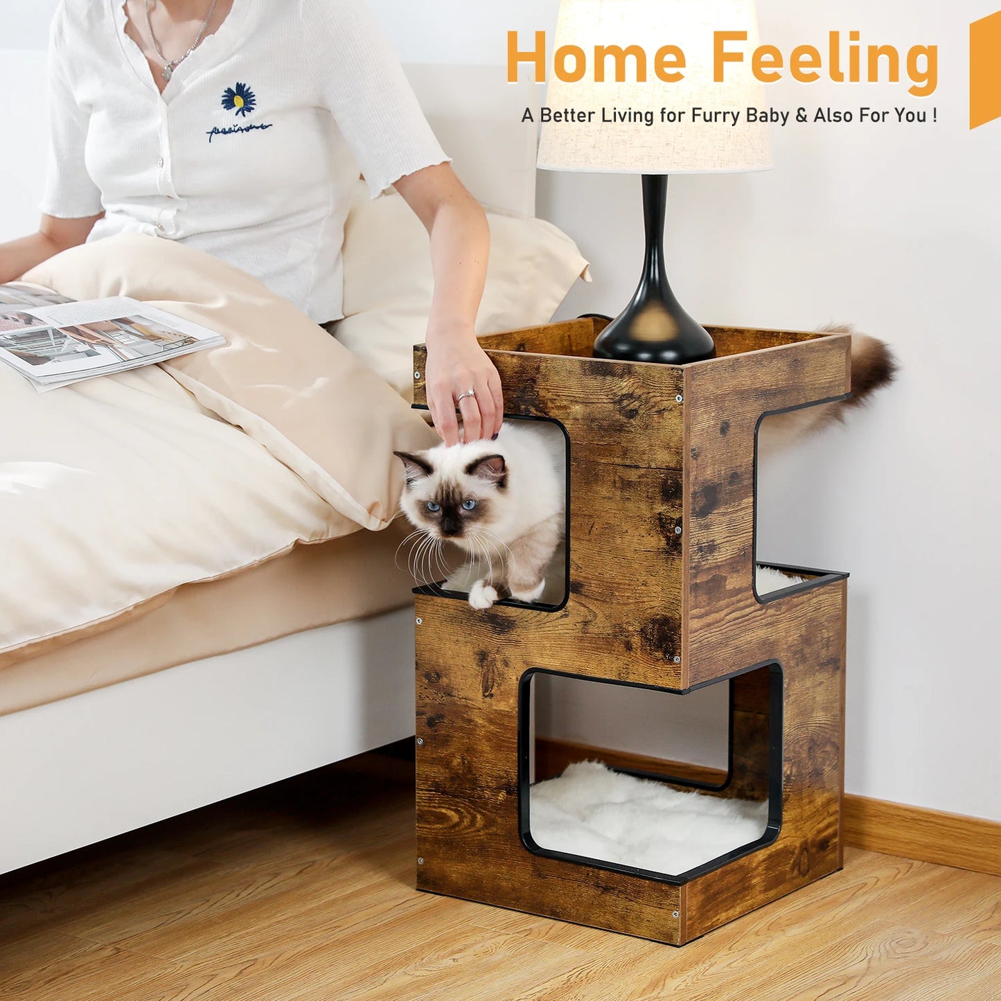 Wood Cat Condo House Bed With Soft Mats And Scratching Pad