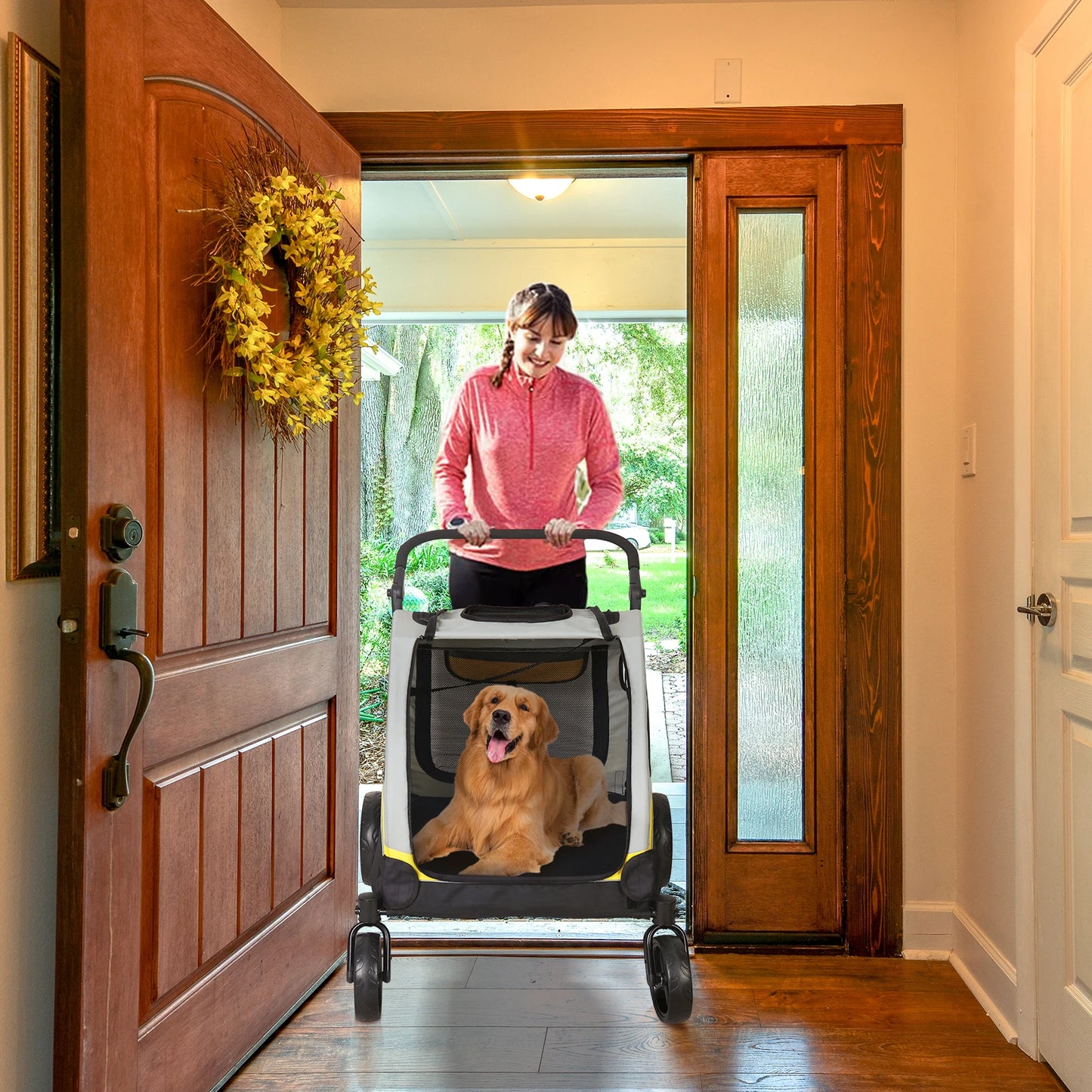 Heavy Duty Large Dog Stroller Buggy 4 Wheels Pet Jogger Pram Doggy Pushchair Brakes Foldable Travel Cart Carriage Zipper Entry
