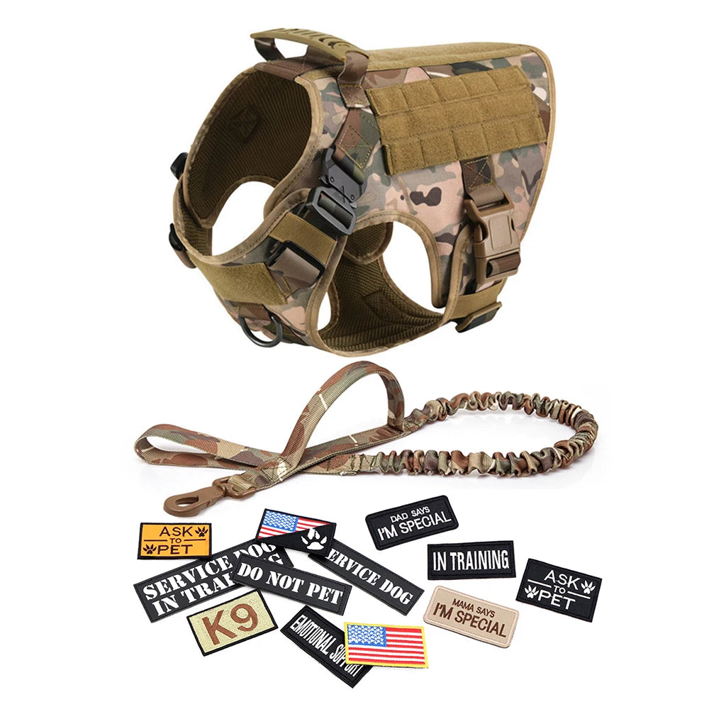 Military Tactical Dog Harness Vest With Leash Patches Set For Malinois