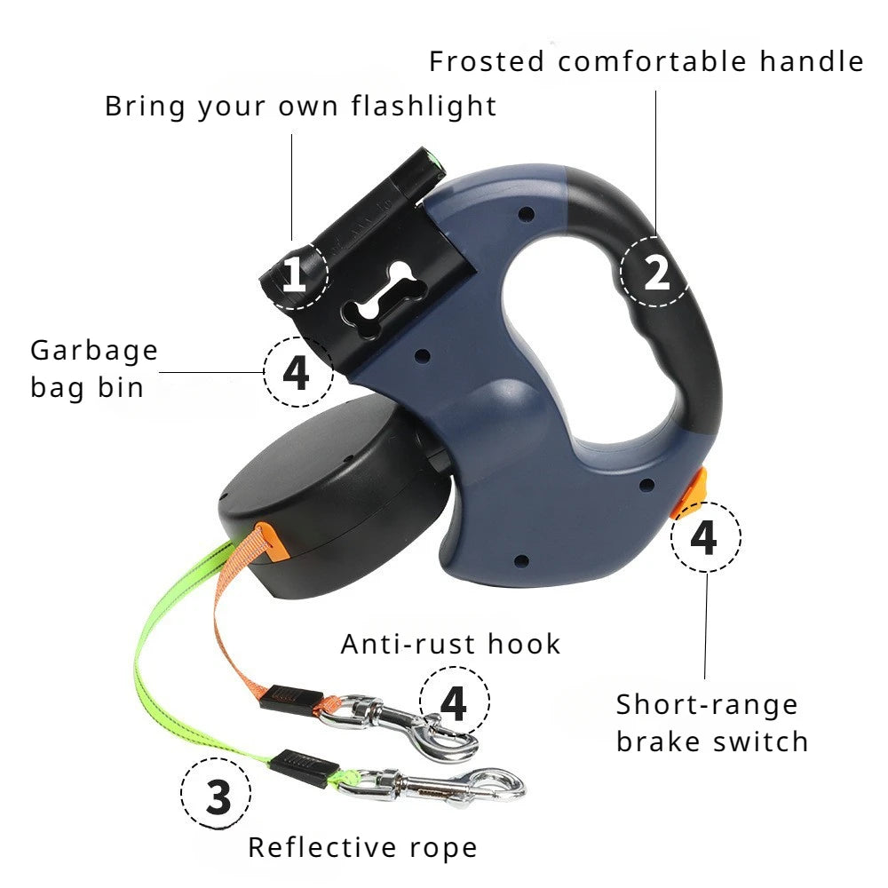 Automatic Retractable Two-End Dog Leash with Flashlight