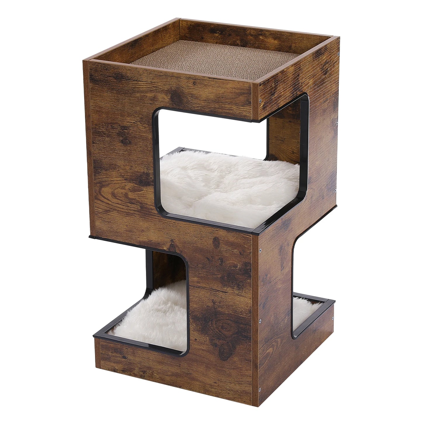 Wood Cat Condo House Bed With Soft Mats And Scratching Pad
