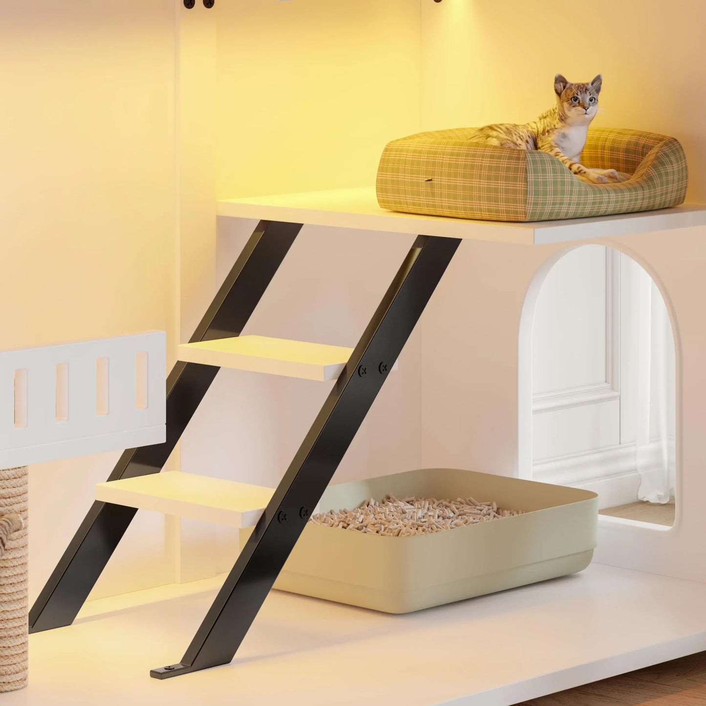 47.25 Inch Cat House Litter Box Enclosure With LED Light Scratch Pad And Stairs