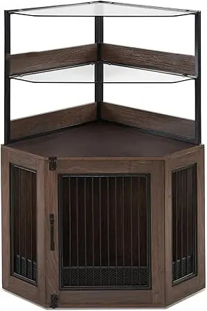 Small Corner Dog Crate Furniture with Glass Shelves, Wooden Dog Kennel Furniture with Door, Pet Crate Indoor Use, CN17 (Brown)