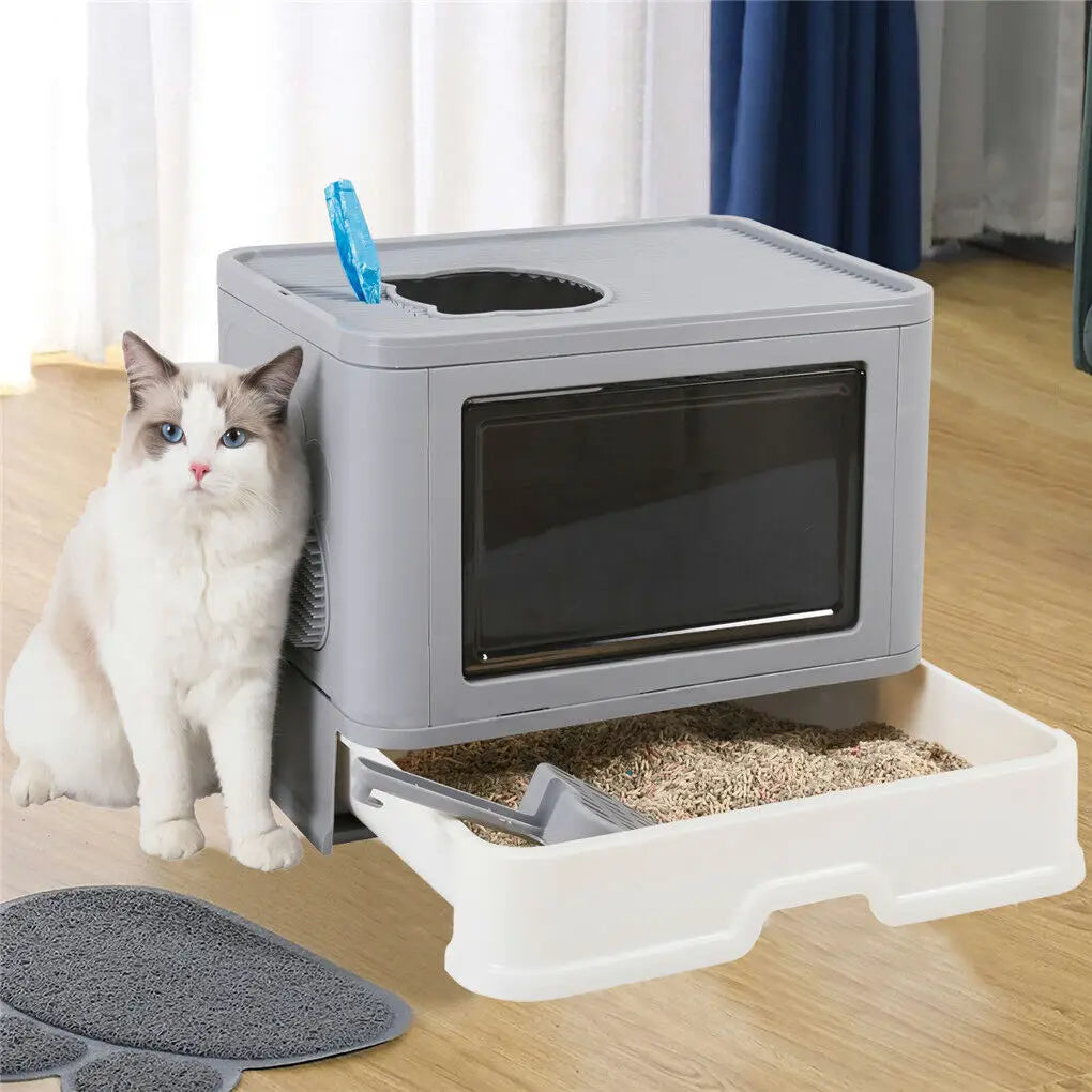 Foldable Cat Litter Box With Massager Scoop Front Entry Design