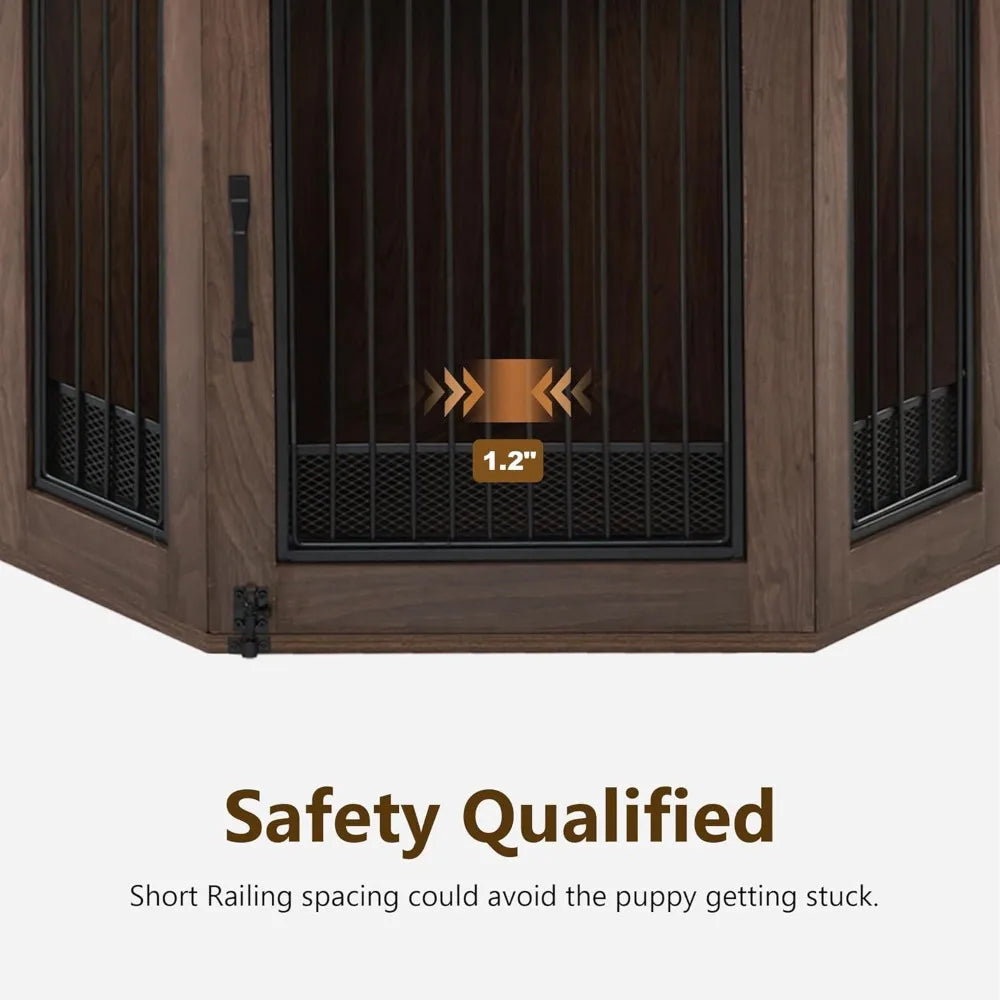Small Corner Dog Crate Furniture with Glass Shelves, Wooden Dog Kennel Furniture with Door, Pet Crate Indoor Use, CN17 (Brown)